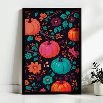 Dopamine-style autumn botanical print - oversized pumpkins in unexpected colours including hot pink and turquoise, interwoven with orange and teal wildflowers on a dark ground