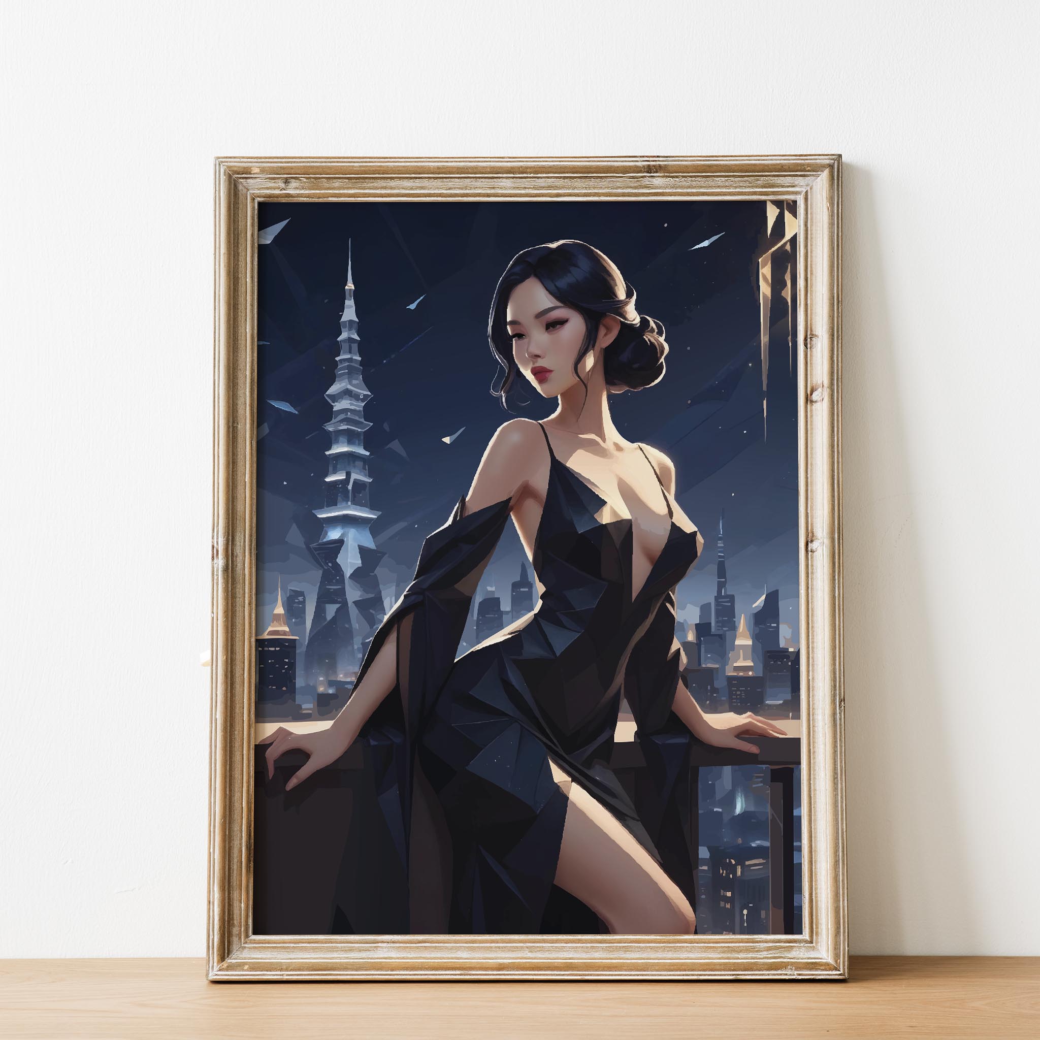 Elegant digital wall art of a woman in a sleek black dress posing on a balcony overlooking a futuristic city skyline at night