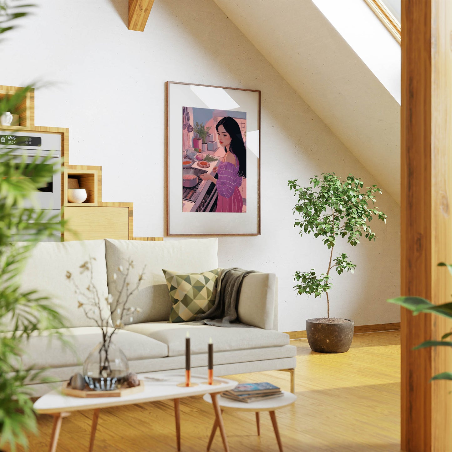 Stylish illustration of a woman cooking in a modern kitchen bathed in warm pink and purple tones. She wears an off-shoulder striped top and long skirt while stirring a pot on the stove, surrounded by herbs, vegetables, and kitchen utensils, creating a cozy and artistic home atmosphere.