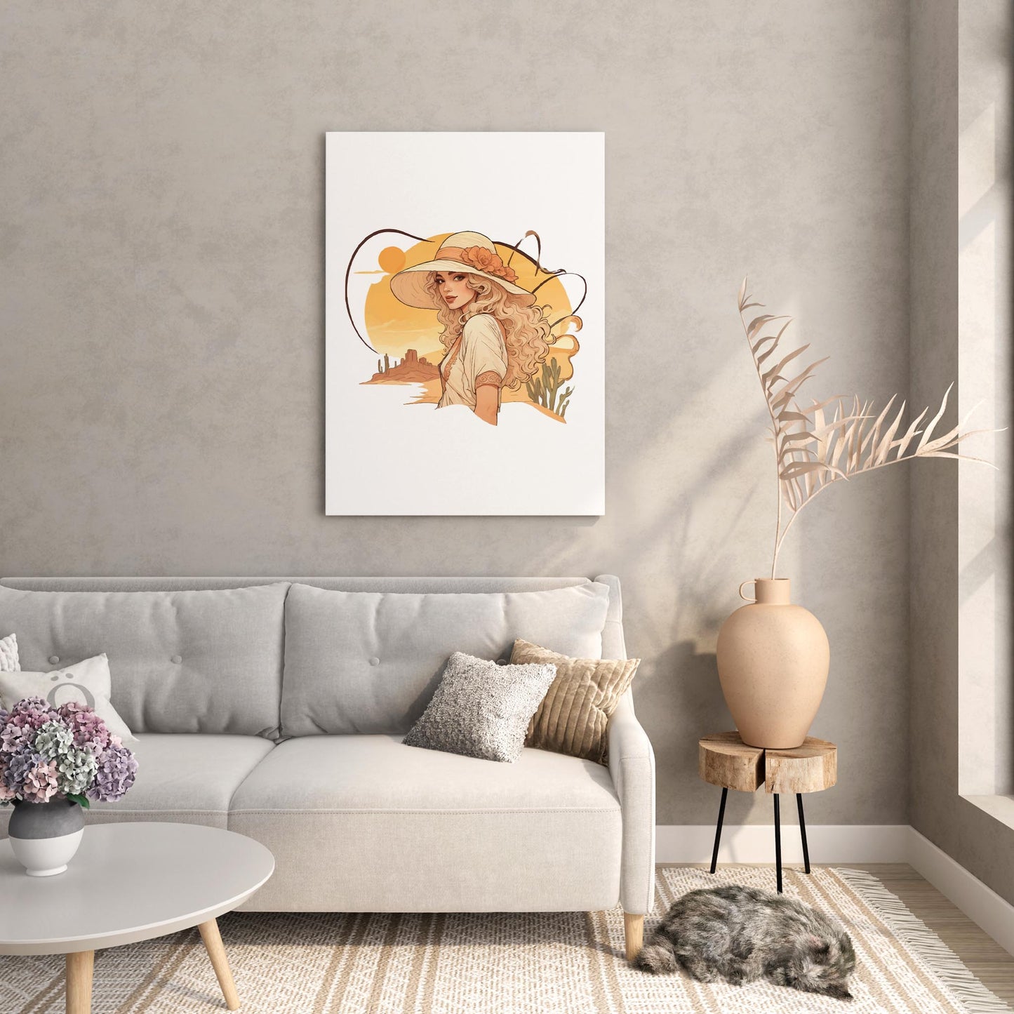 Boho-style digital wall art of a woman with flowing blonde hair wearing a wide-brimmed hat adorned with a flower, set against a warm desert sunset with cacti and mesas