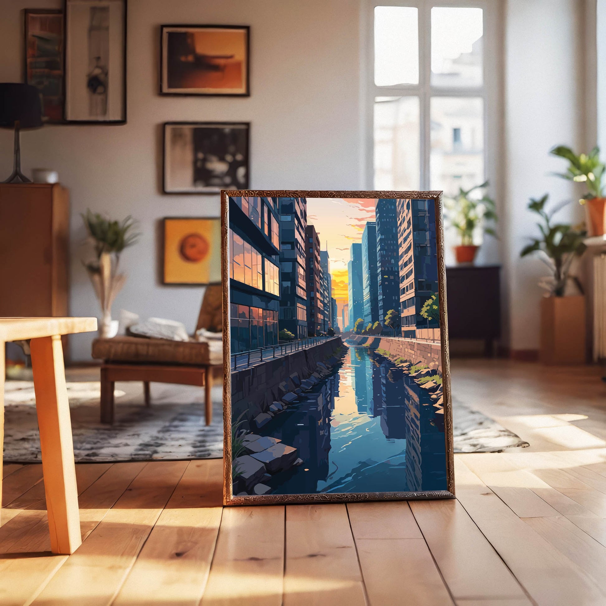 Digital painting of a serene urban canal at sunset, surrounded by tall glass buildings with warm reflections - modern printable wall art perfect for cityscape lovers and contemporary interiors