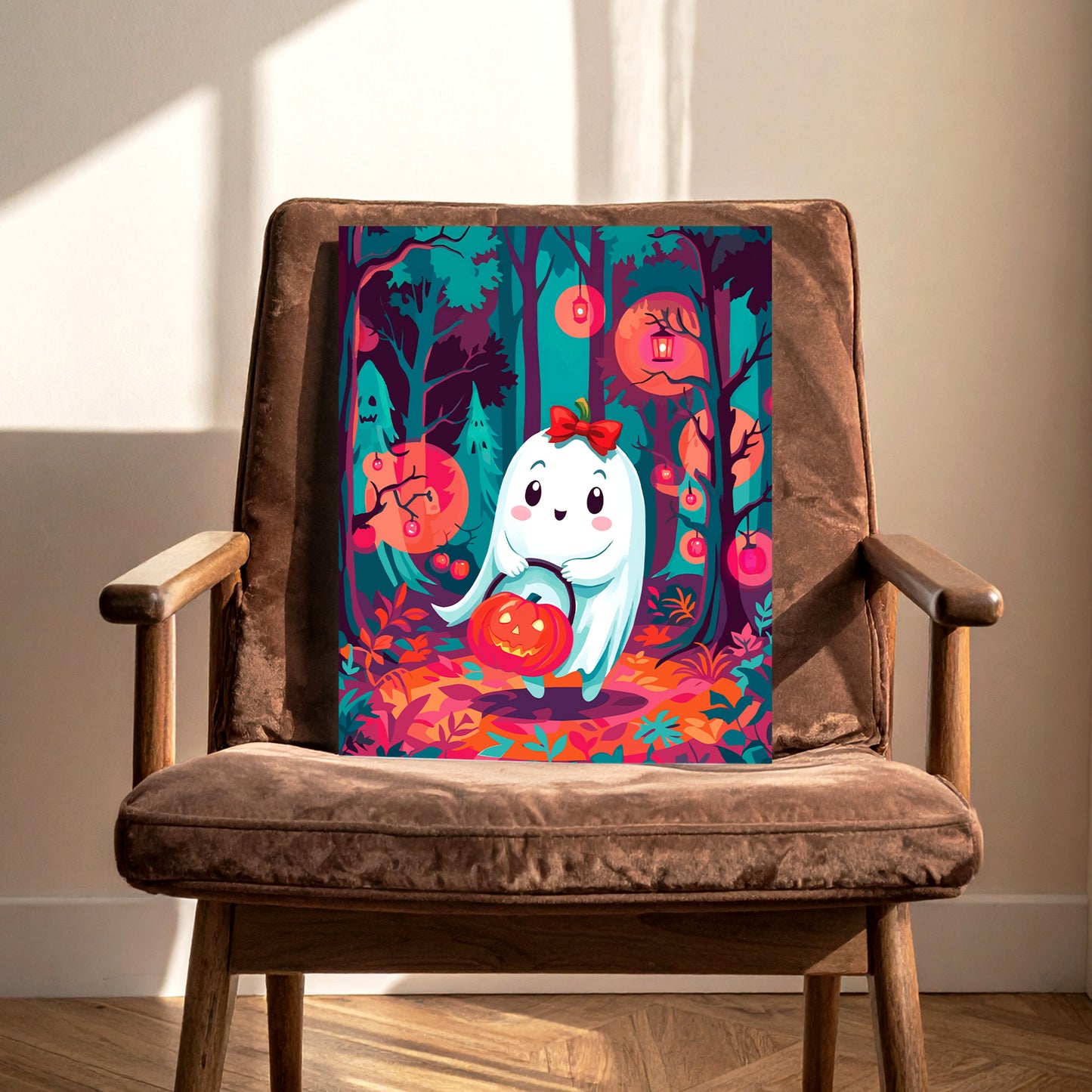 Dopamine-style cute ghost print - a blushing white ghost character with a red ribbon and pumpkin stem hat detail, floating through a vibrant Halloween woodland scene in deep teal, orange, and magenta