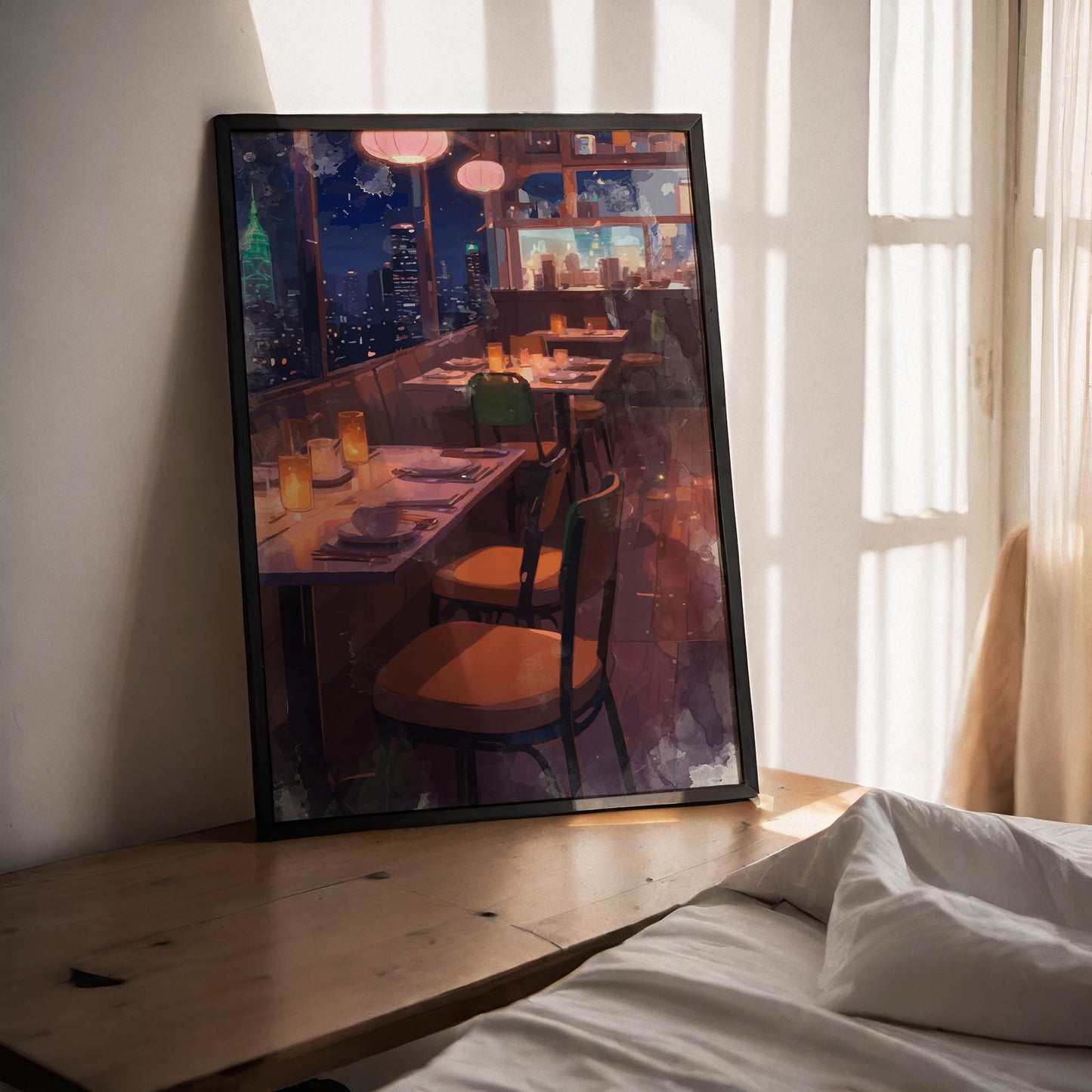 Atmospheric illustration of a cozy rooftop restaurant at night, with softly glowing candles on set tables and warm lantern lights hanging above. Large windows reveal a breathtaking city skyline with illuminated skyscrapers, creating a romantic and serene urban dining mood.