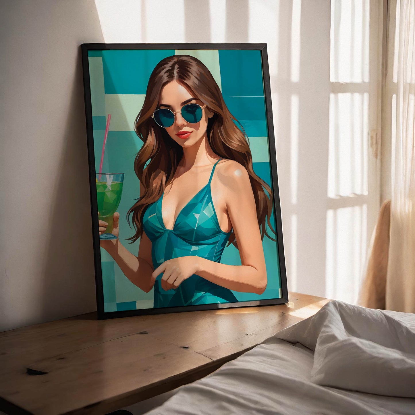 Chic summer-themed printable wall art featuring a stylish woman in teal sunglasses and dress, holding a vibrant green cocktail, set against a bold geometric teal and aqua background - perfect for beach or poolside decor