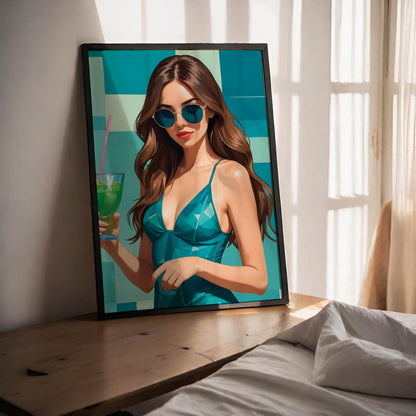 Chic summer-themed printable wall art featuring a stylish woman in teal sunglasses and dress, holding a vibrant green cocktail, set against a bold geometric teal and aqua background - perfect for beach or poolside decor