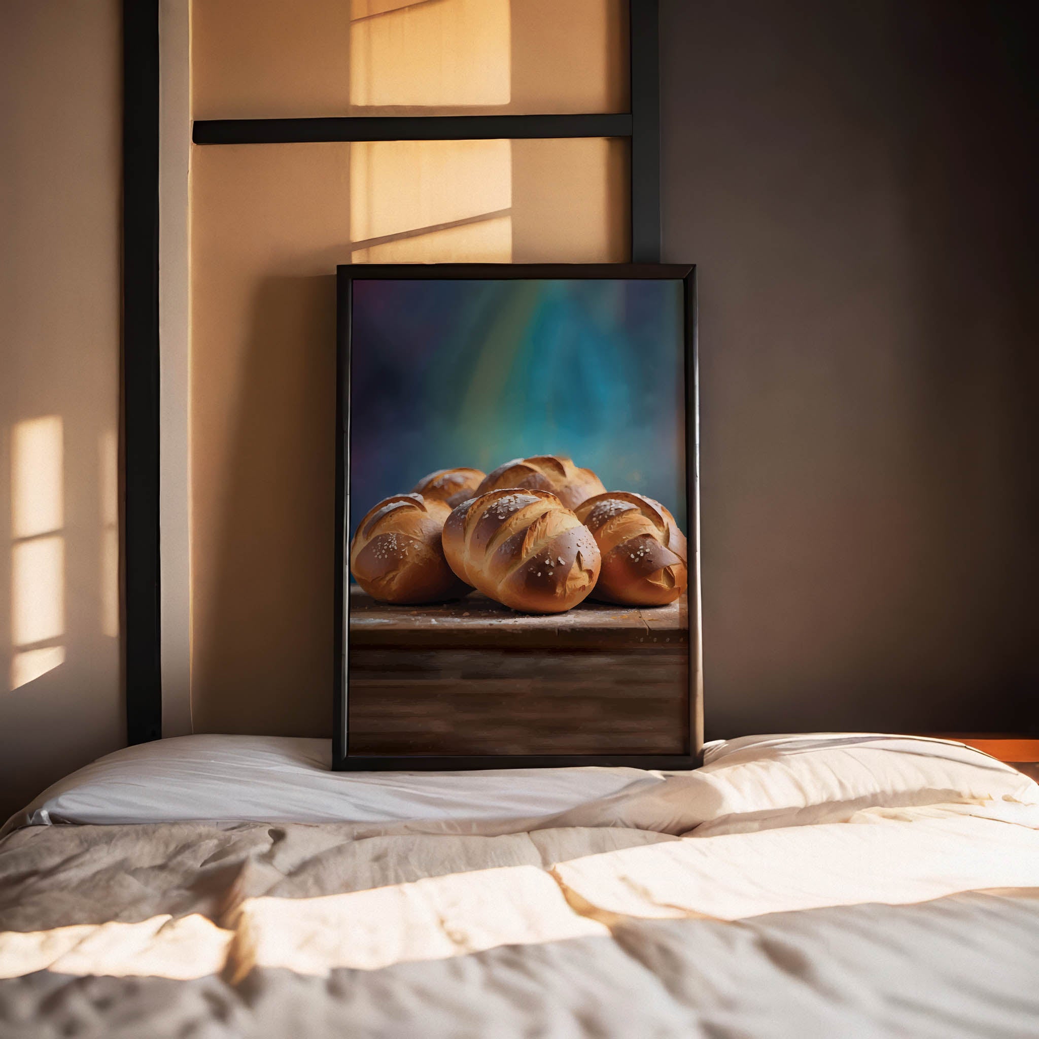 Printable wall art of freshly baked golden brown bread rolls with coarse salt on top, arranged on a rustic wooden surface with a soft, moody background, perfect for cozy kitchen or bakery-themed decor