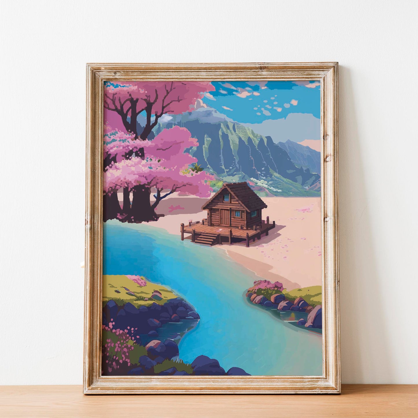 Peaceful lakeside scene featuring a rustic cabin, flowing blue river and cherry blossom trees beneath bright mountains