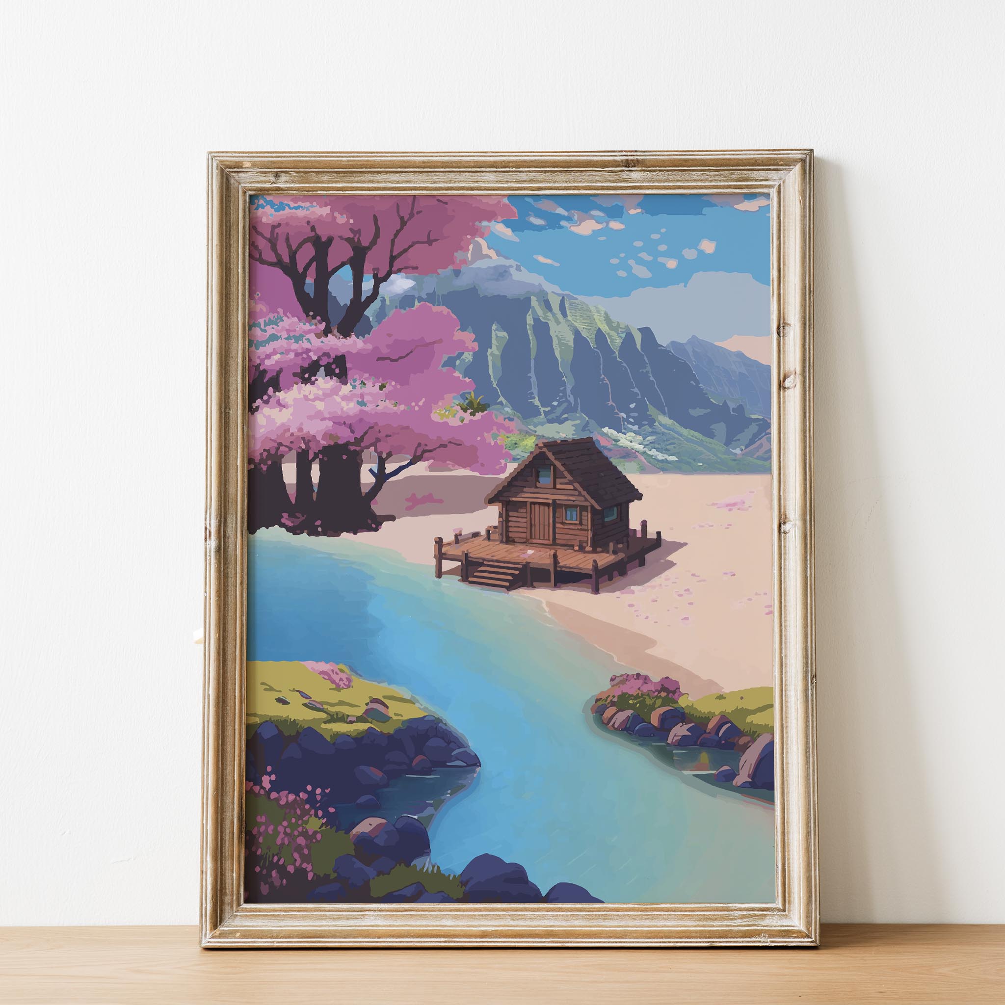Peaceful lakeside scene featuring a rustic cabin, flowing blue river and cherry blossom trees beneath bright mountains
