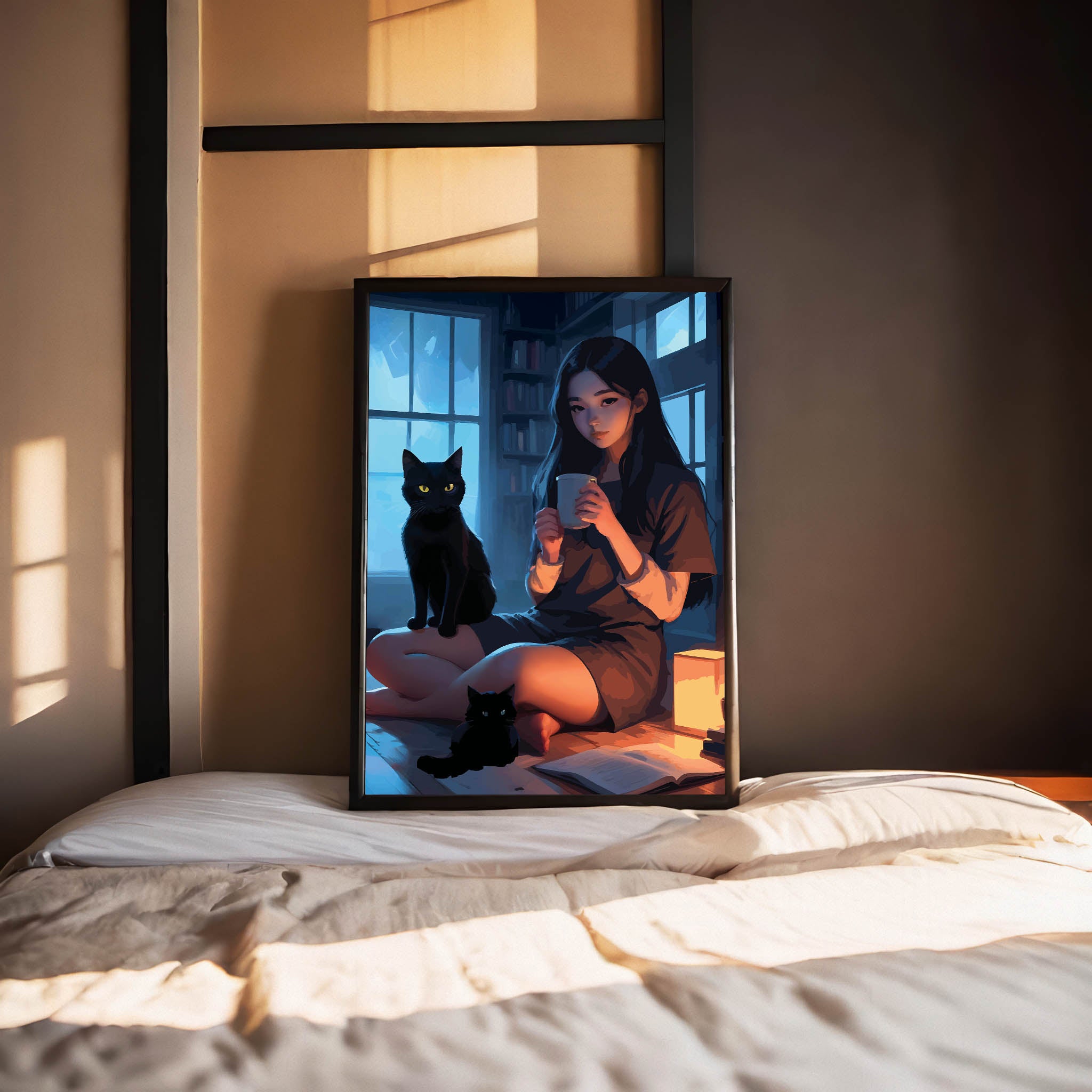 Cozy digital painting of a girl with long dark hair sitting with two black cats and a warm drink in a softly lit room - perfect printable wall art for cat lovers and serene interior spaces