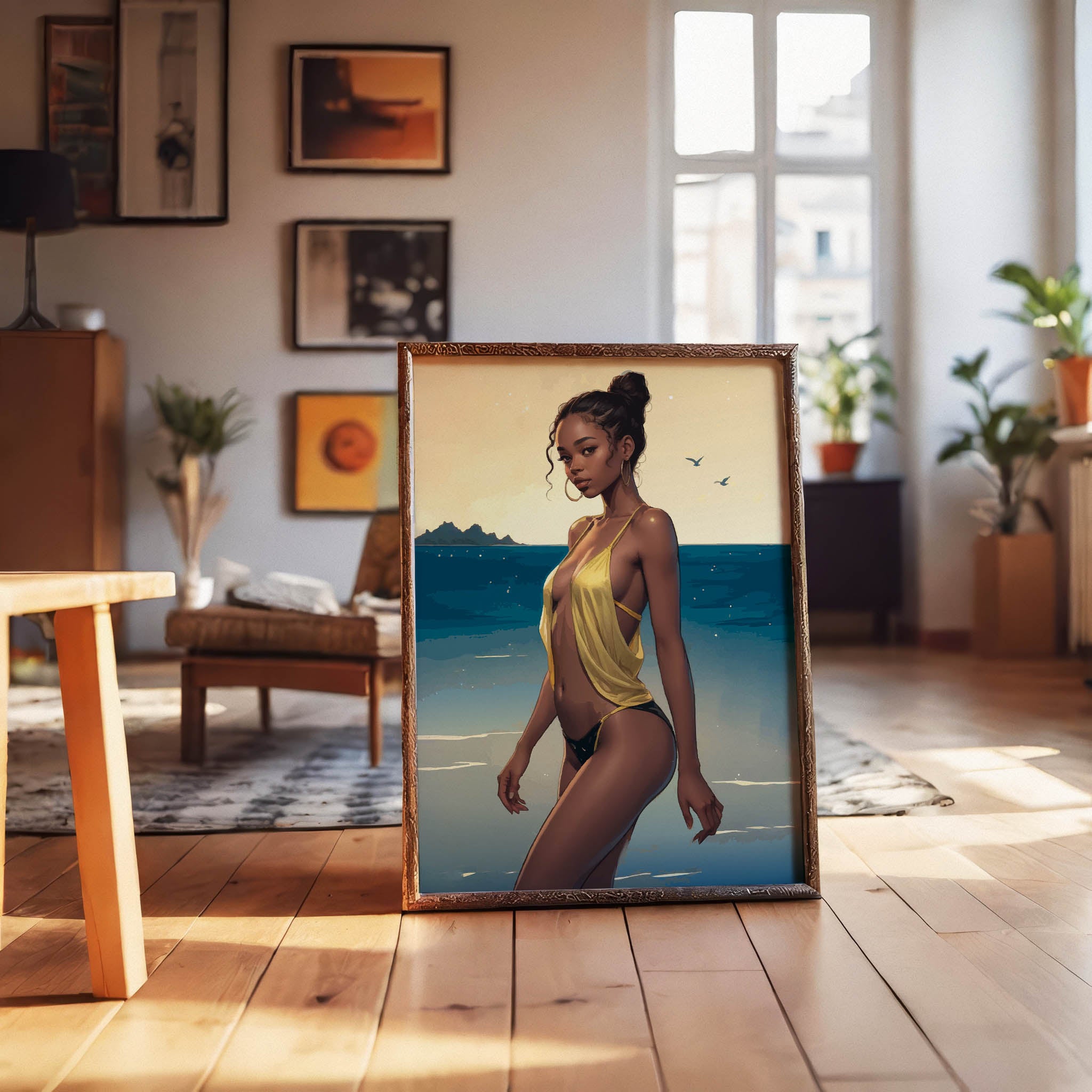 Elegant beach portrait illustration of a confident woman standing by the ocean at sunset, wearing a flowing yellow swimsuit with soft golden light reflecting on the water. Modern feminine wall art with a calm coastal vibe, warm tones, and a sophisticated summer aesthetic. Printable Wall Art. Digital Download.