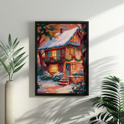 Bold illustrated Christmas cottage wall art with a snow-capped stone house glowing with warm window light, decorated with garland swags, red bows, fairy lights, and a wreath on a teal front door, framed by ornament-hung trees in a warm pink winter sky