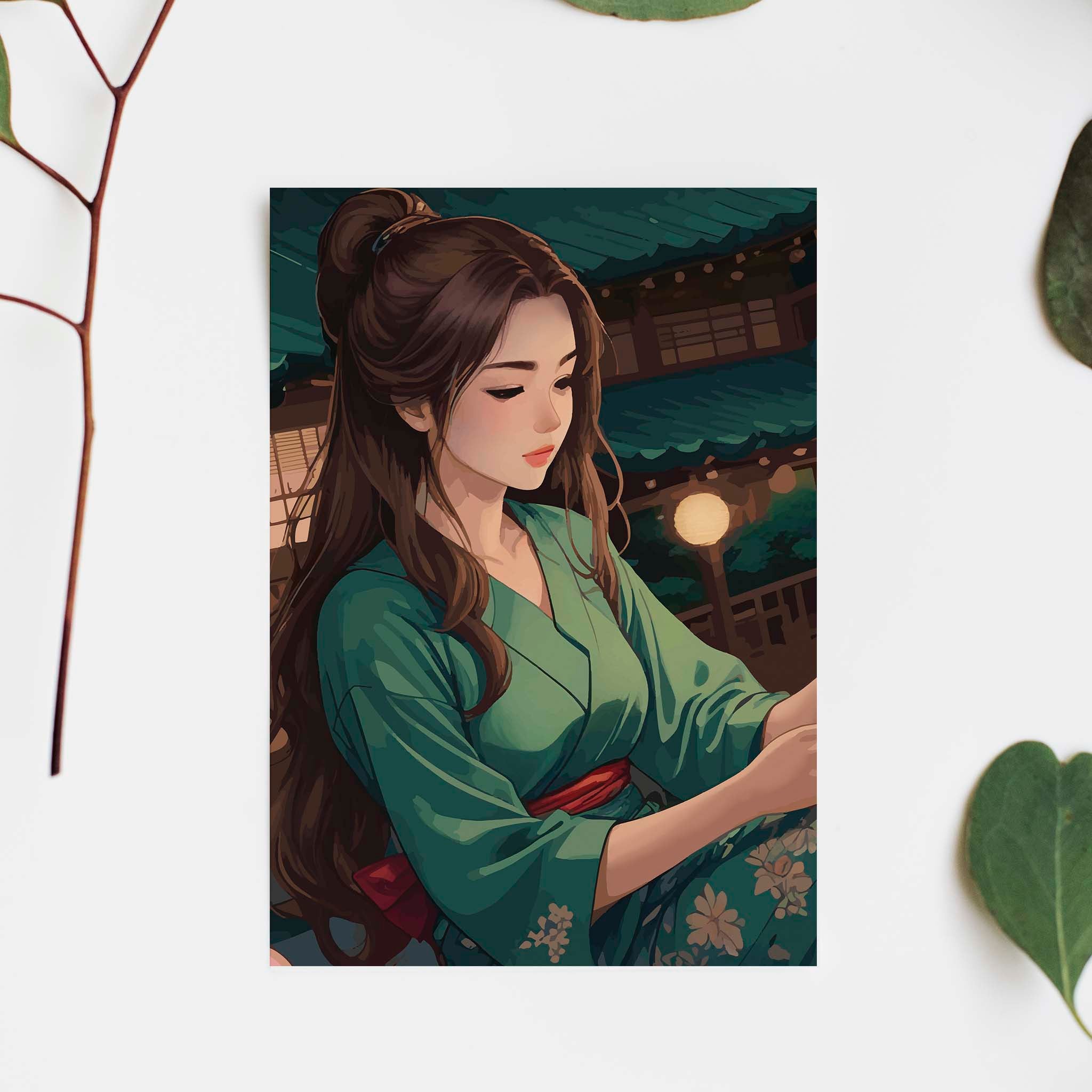 Elegant digital artwork of a woman in a green kimono under lantern lights, set in a serene traditional Japanese evening scene - printable wall art for cultural and aesthetic interiors