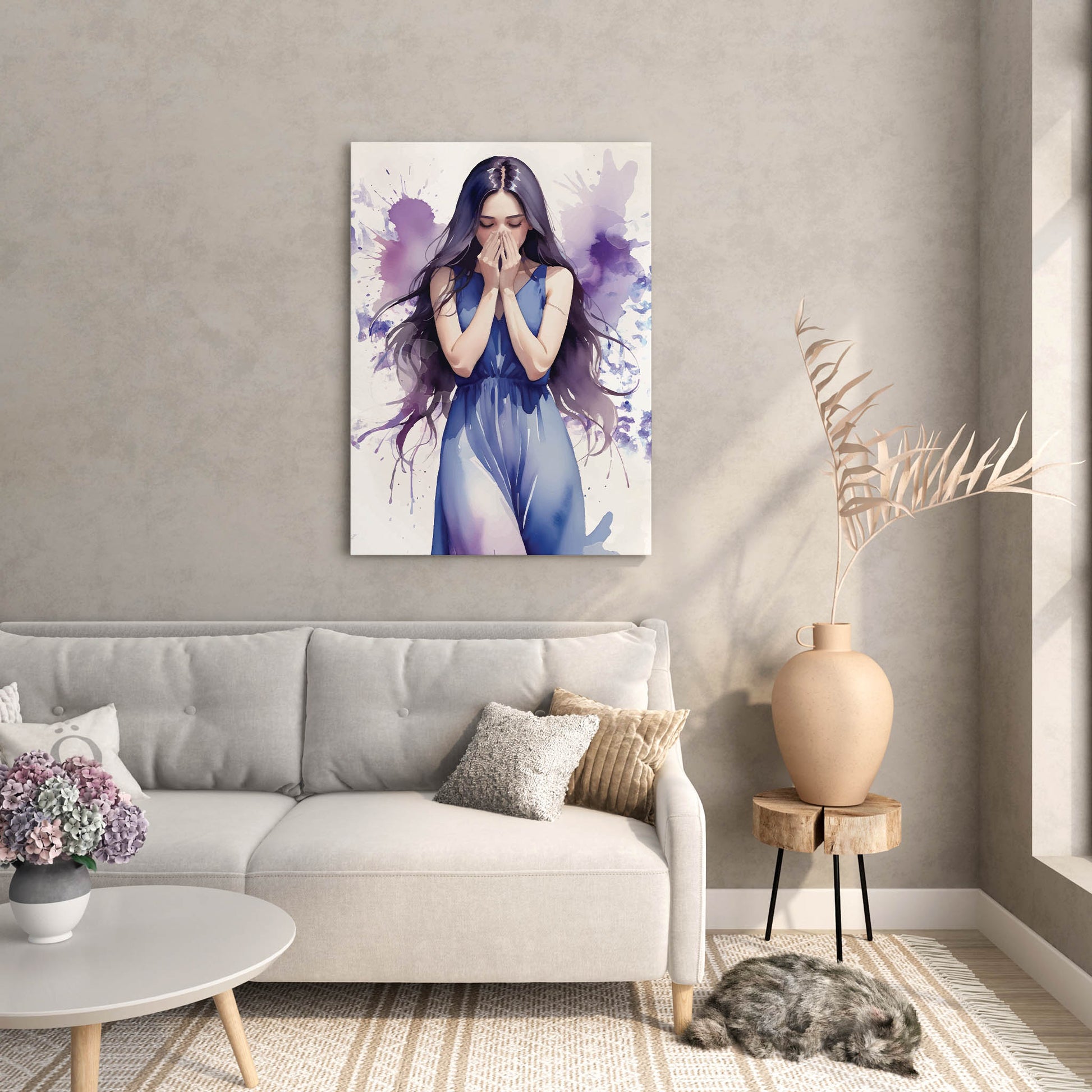 Emotional watercolor-style illustration of a woman in a flowing blue dress covering her face, with expressive purple and blue paint splashes, expressive printable wall art evoking deep feelings and introspection
