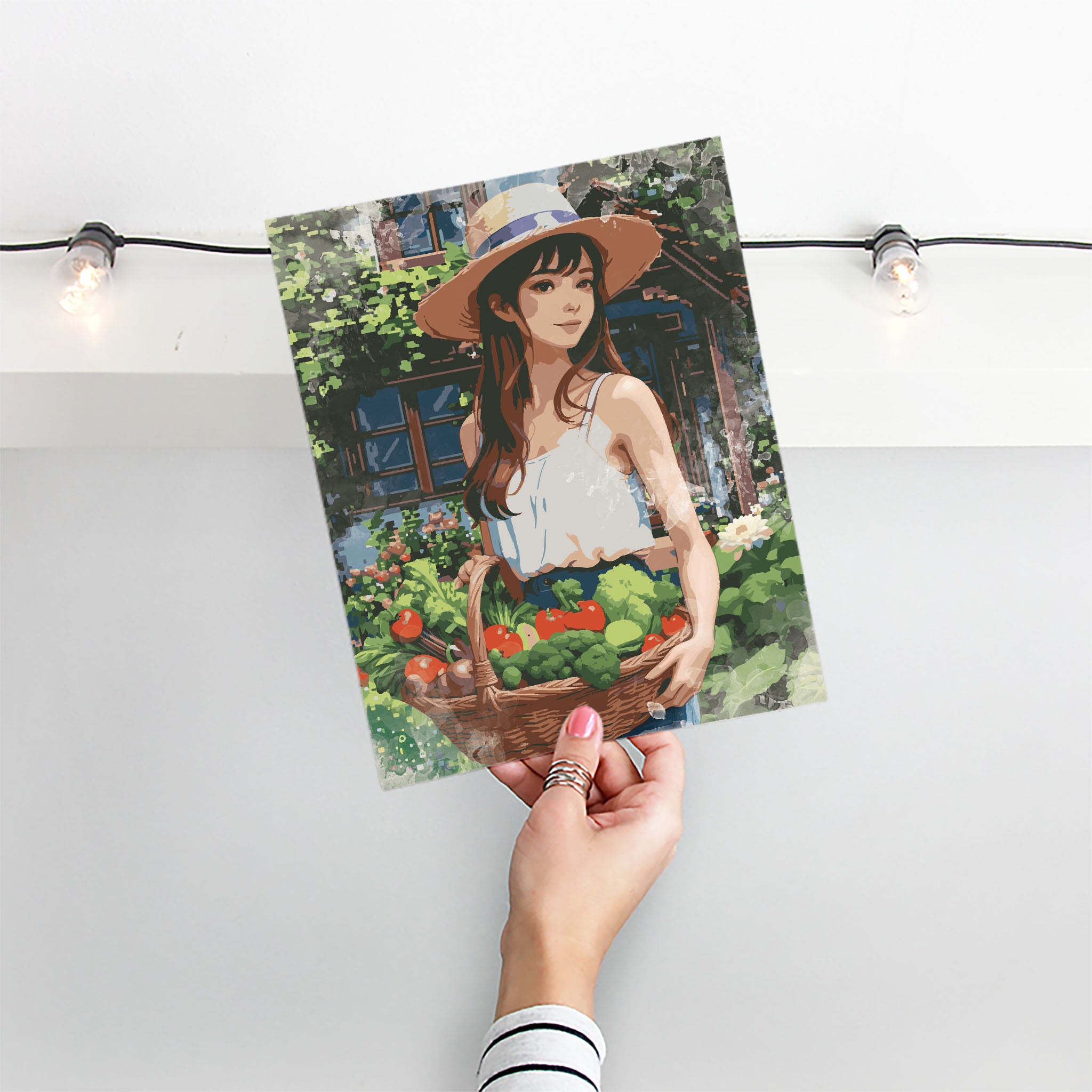 Charming digital artwork of a young woman holding a basket of fresh vegetables in a garden, wearing a straw hat and summer outfit - rustic farmhouse-style printable wall art for kitchen or home decor