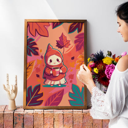 Bold kawaii character wall art with a cozy autumn gnome holding a striped coffee mug, framed by large painterly fall leaves in orange, magenta, plum, and jewel teal on a warm peachy-pink ground