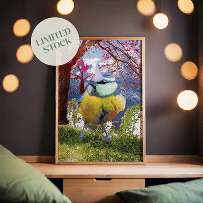 Printable wall art of a colorful songbird with vibrant blue, yellow, and green feathers standing on grass, with a dreamy cherry blossom tree, mountains, and pink hearts in the background, perfect for nature lovers and whimsical home decor