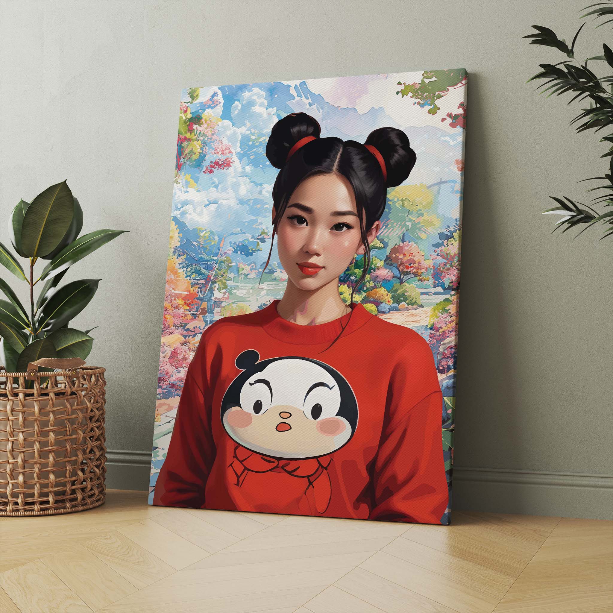 Stylized digital portrait of an Asian girl with double buns and a red cartoon sweatshirt, set against a dreamy, colorful landscape, vibrant printable wall art