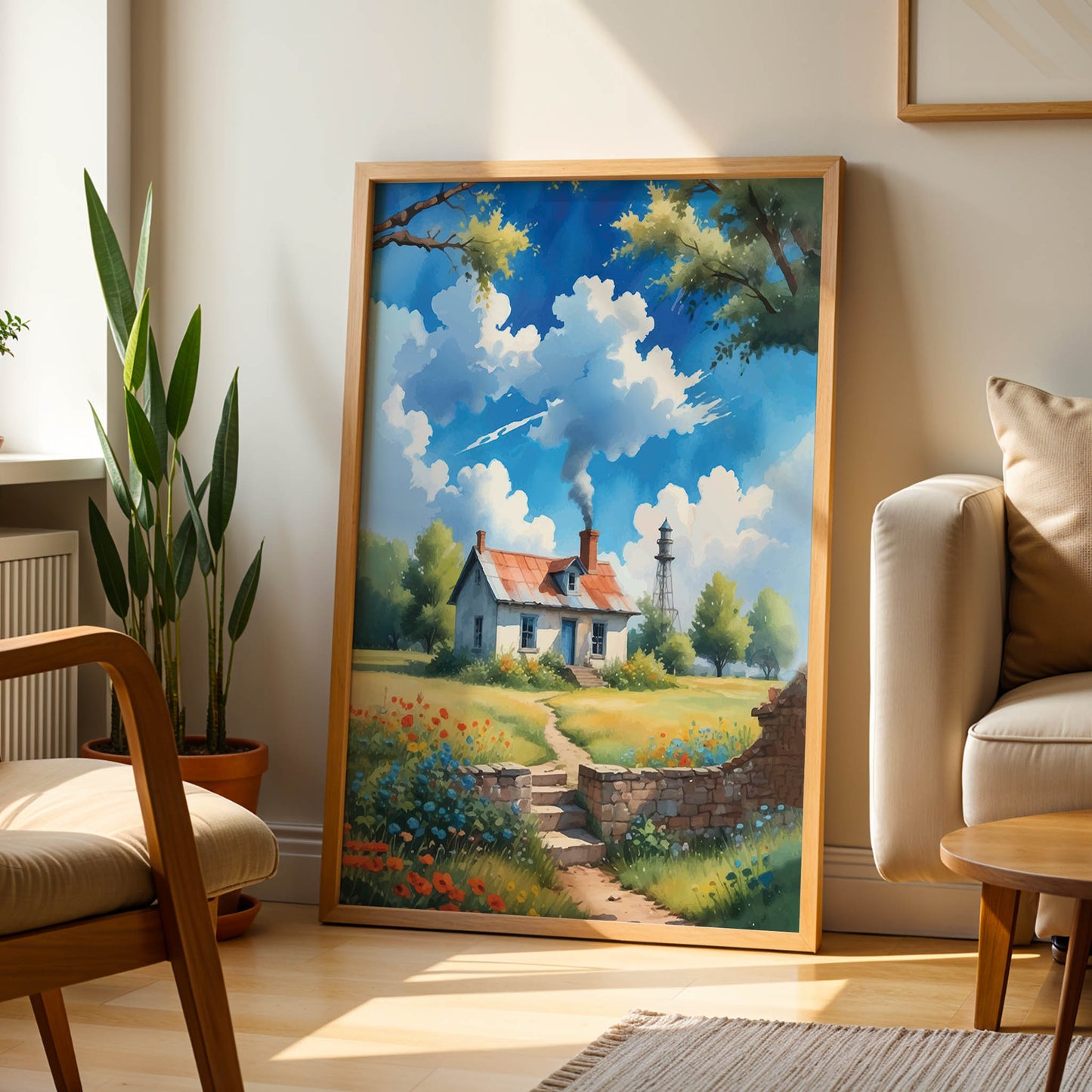 Charming countryside illustration of a cozy white cottage with a red roof surrounded by wildflowers and green fields, a winding stone path leading to the door, and soft clouds drifting across a bright blue sky. Peaceful rural wall art with a warm, nostalgic cottagecore atmosphere. Printable Wall Art. Digital Download.