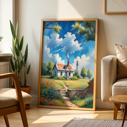 Charming countryside illustration of a cozy white cottage with a red roof surrounded by wildflowers and green fields, a winding stone path leading to the door, and soft clouds drifting across a bright blue sky. Peaceful rural wall art with a warm, nostalgic cottagecore atmosphere. Printable Wall Art. Digital Download.