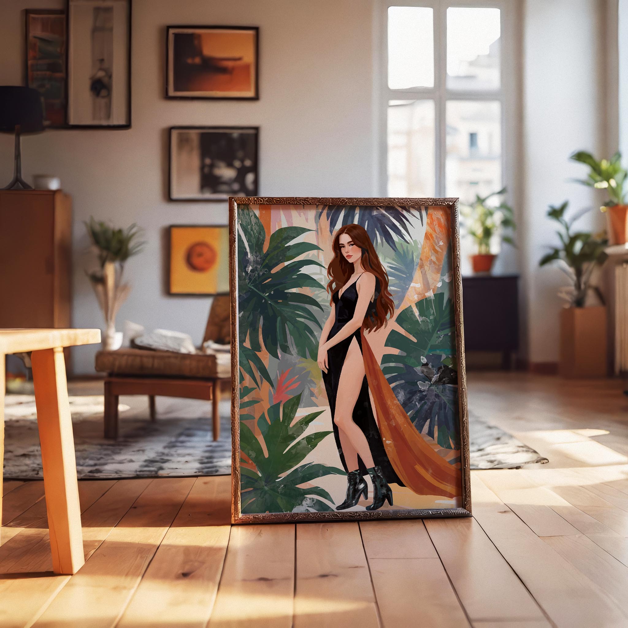 Fashion illustration of an elegant brunette woman wearing a dramatic black high-slit gown with a flowing burnt-orange train, standing against lush tropical foliage with large green leaves and soft abstract painterly textures. Bold feminine statement wall art with modern luxury aesthetic.