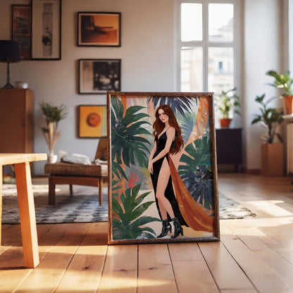 Fashion illustration of an elegant brunette woman wearing a dramatic black high-slit gown with a flowing burnt-orange train, standing against lush tropical foliage with large green leaves and soft abstract painterly textures. Bold feminine statement wall art with modern luxury aesthetic.