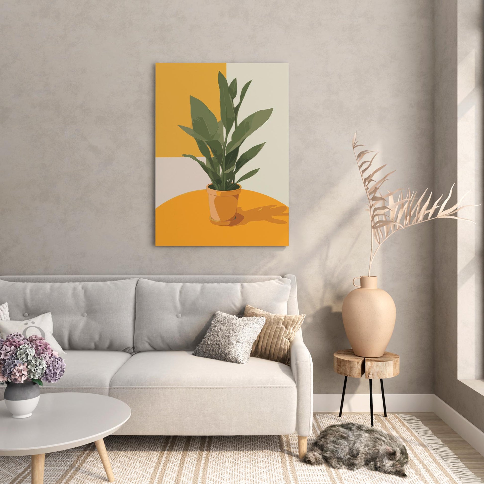 Modern printable wall art of a green potted plant on a vibrant orange table, with bold geometric background in yellow and cream tones - ideal for minimalist or contemporary decor