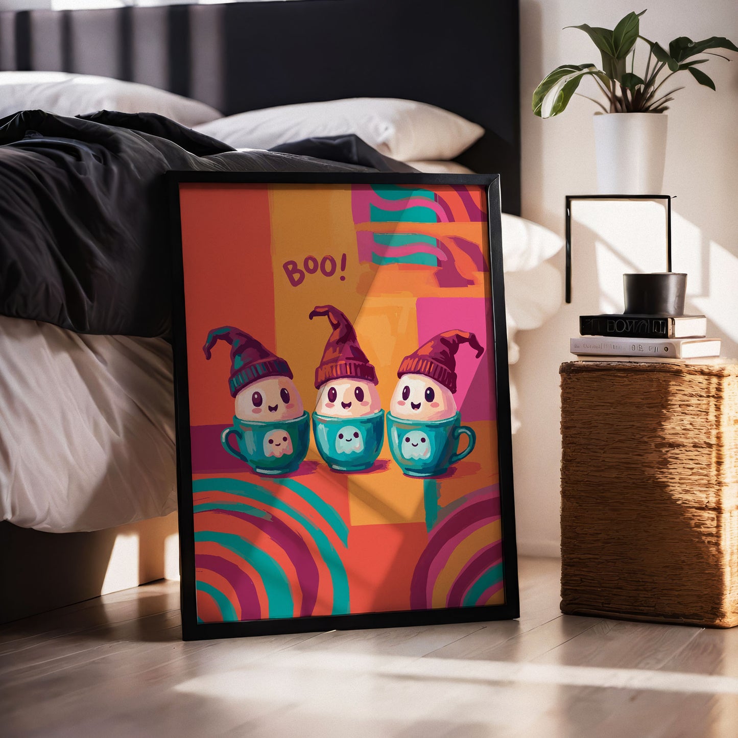 Bold illustrated Halloween wall art with three kawaii ghost marshmallows wearing purple witch hats, sitting in teal teacups printed with smiling ghost faces, against a vibrant colour-blocked orange, pink, and teal background with "Boo!" text