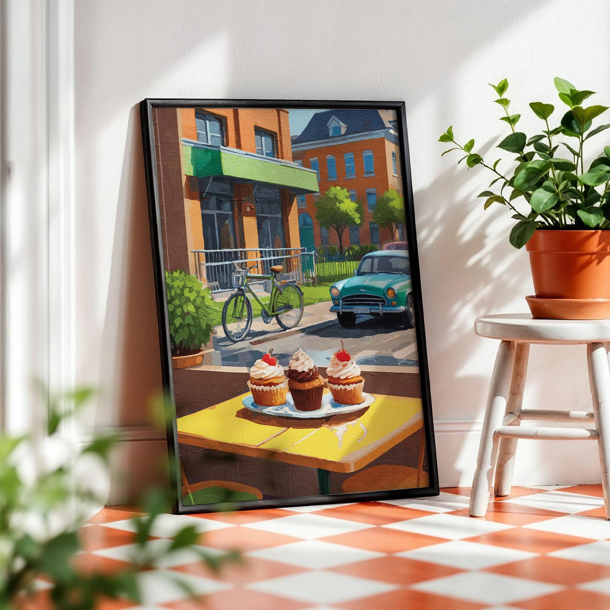 Charming street café scene featuring three cupcakes topped with whipped cream and cherries on a yellow table. In the background, a vintage green car and a bicycle are parked near red-brick buildings with green awnings and lush trees, evoking a warm, nostalgic atmosphere.