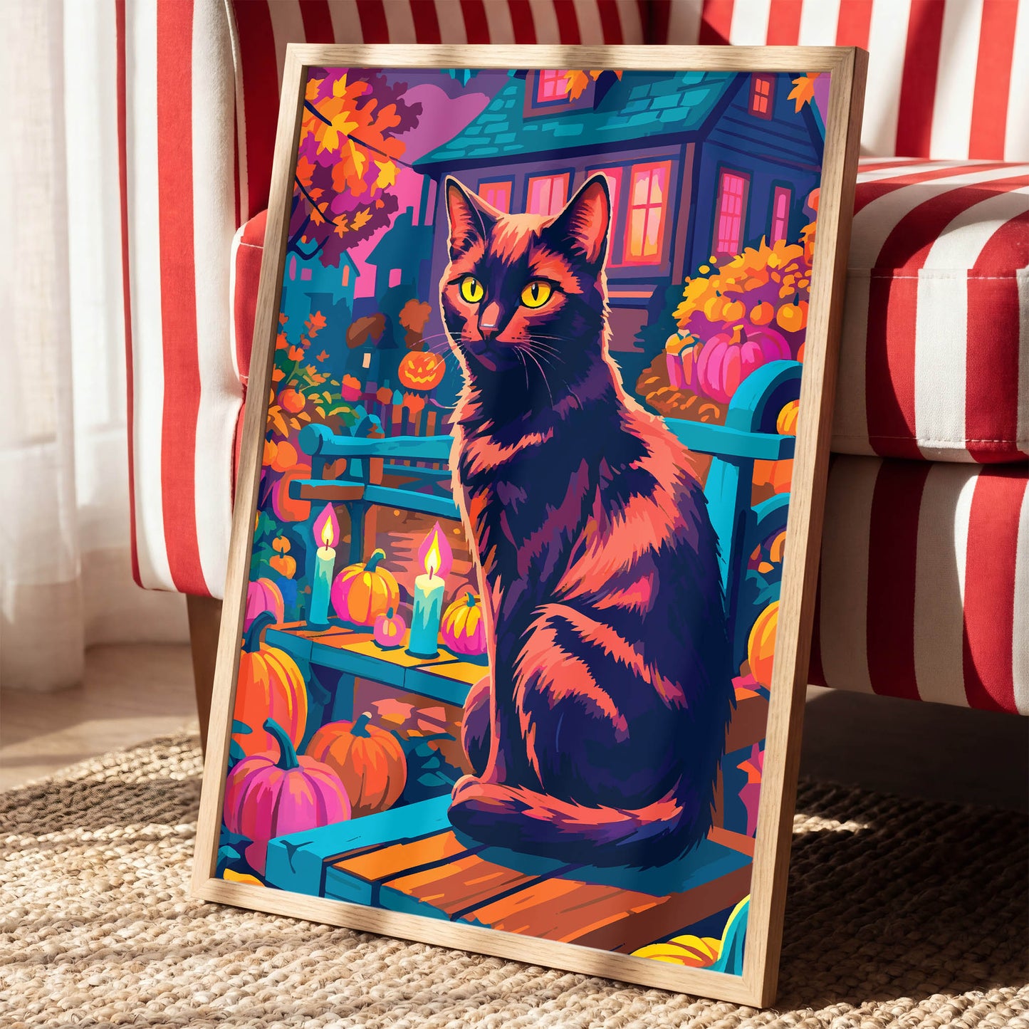 Bold illustrated Halloween wall art with a regal black cat with glowing yellow eyes seated on a teal porch bench, surrounded by orange and pink pumpkins, teal candles, and a glowing jack-o-lantern in front of a haunted house at dusk