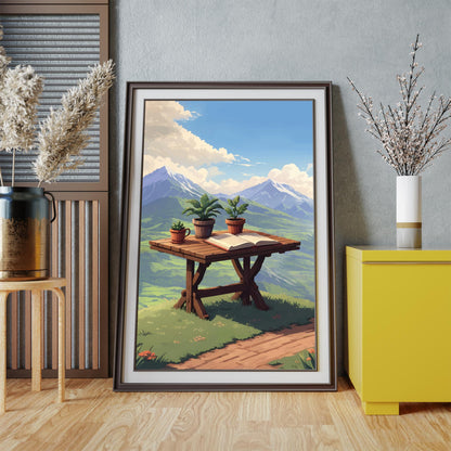 Scenic mountain view printable wall art featuring a rustic wooden table with potted plants and an open book, set against a breathtaking backdrop of lush green valleys and snow-capped peaks under a bright blue sky