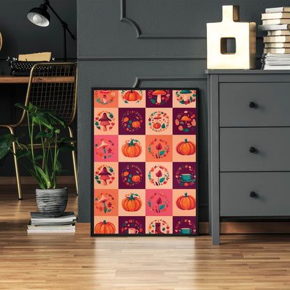 Close-up of a digital fall sticker collection with painterly pumpkin and mushroom illustrations, circular botanical wreaths, and jewel-teal accents on a warm checkerboard layout