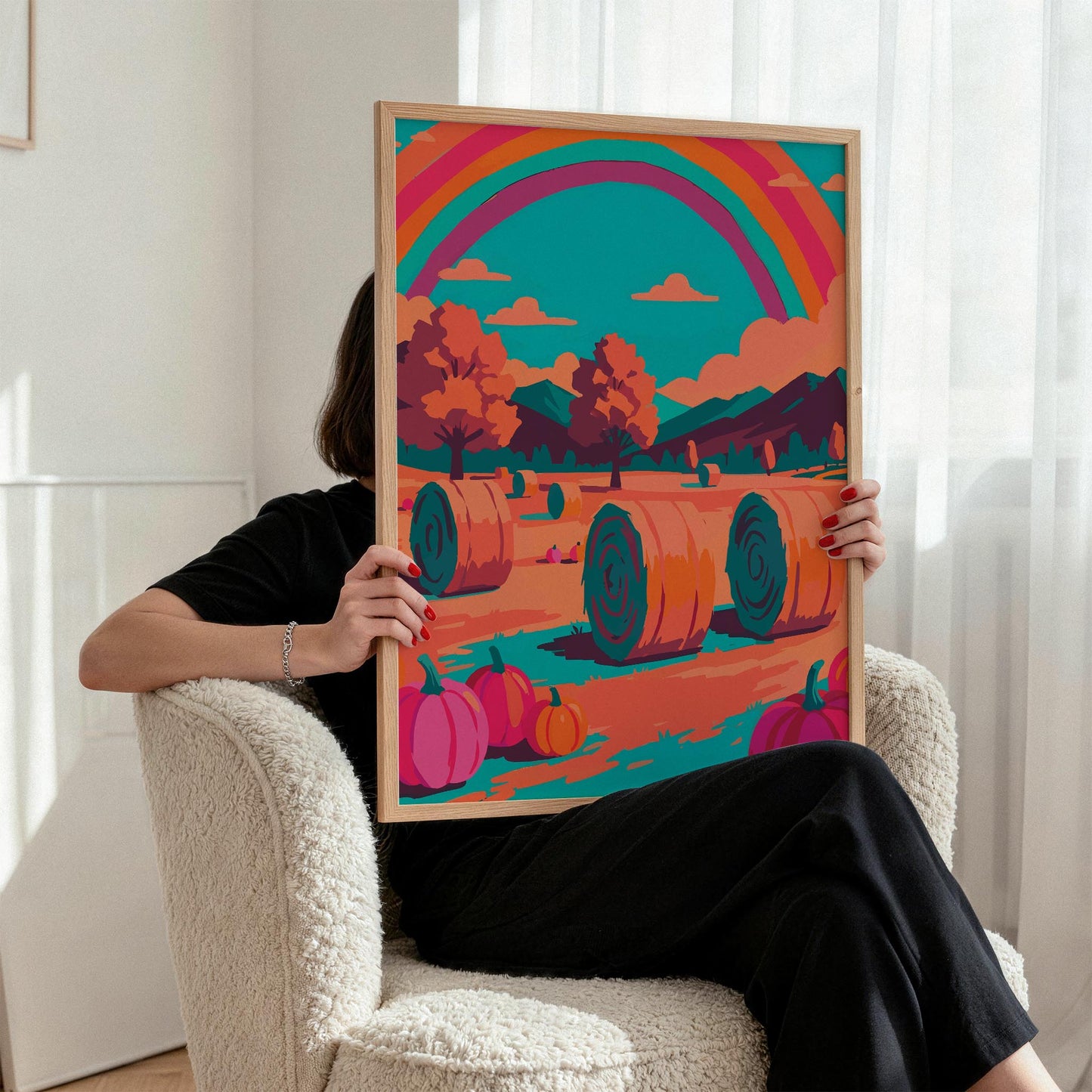 Maximalist fall landscape poster featuring a golden hay field with teal-detailed hay bales, hot pink pumpkins, autumn trees in orange and burgundy, and a retro-style rainbow filling the sky