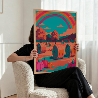 Maximalist fall landscape poster featuring a golden hay field with teal-detailed hay bales, hot pink pumpkins, autumn trees in orange and burgundy, and a retro-style rainbow filling the sky