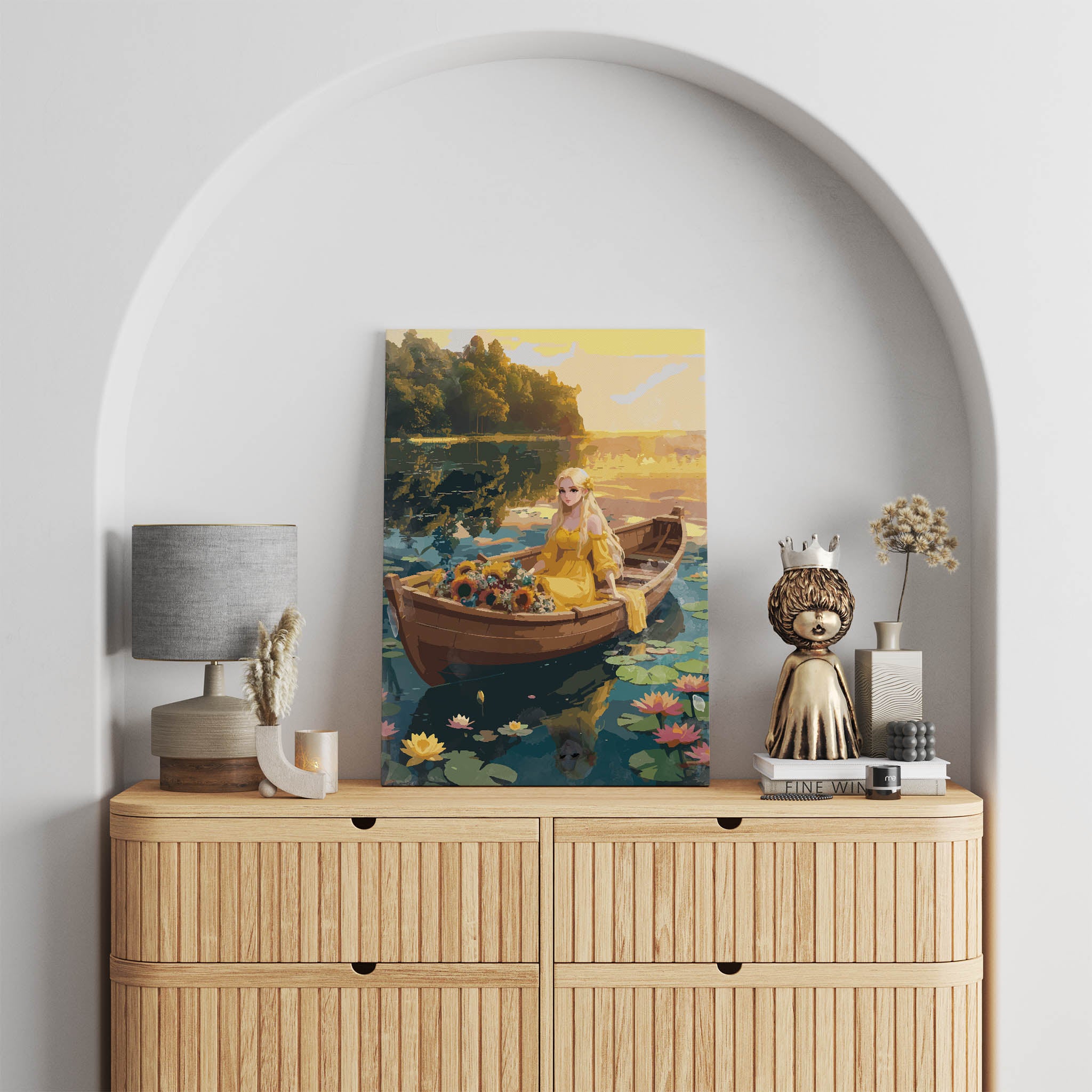 Romantic fantasy-style printable wall art featuring a blonde woman in a flowing yellow dress sitting in a wooden boat adorned with sunflowers, floating on a tranquil lily-covered lake at sunset - perfect for fairytale, cottagecore, or dreamy feminine decor