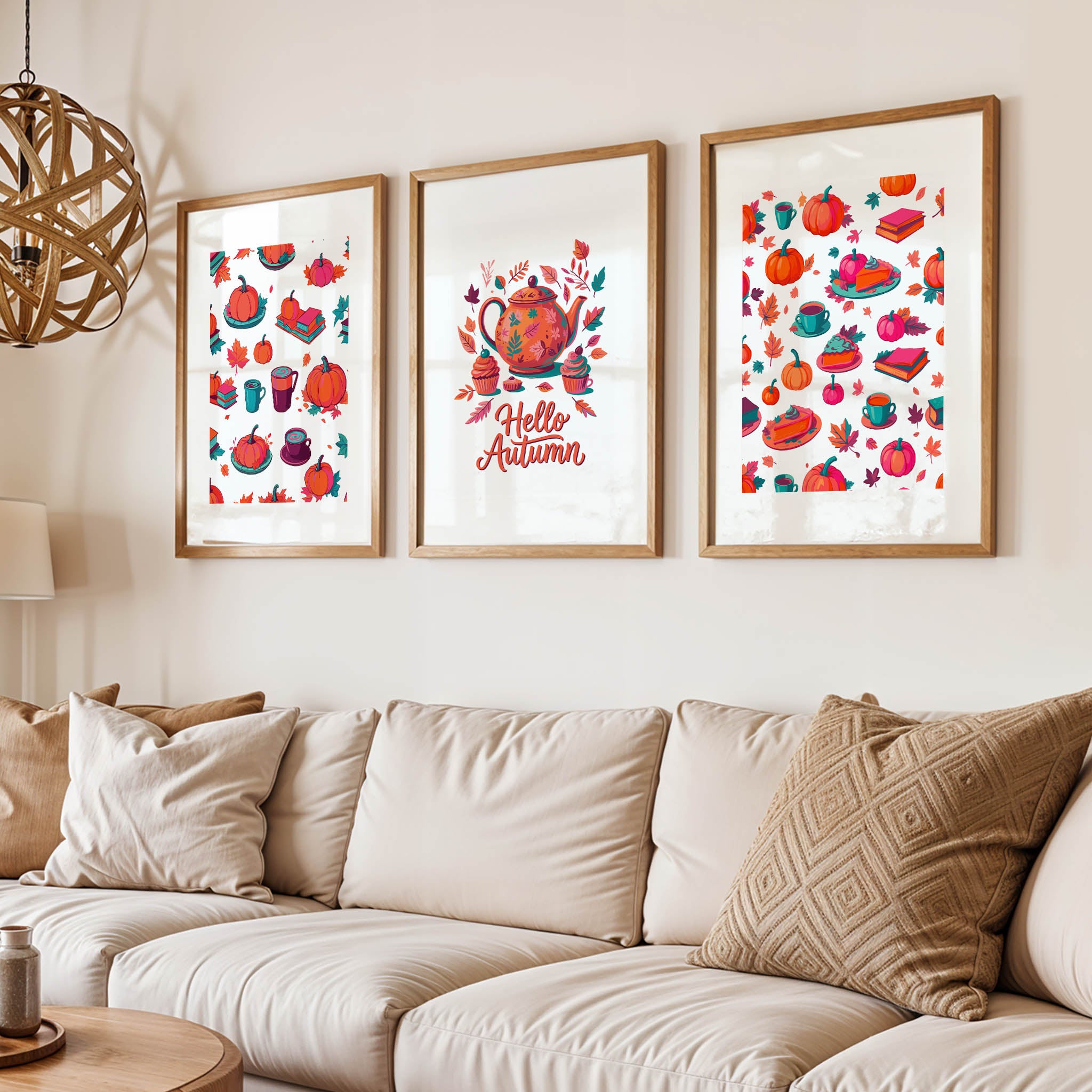 Three SweetPixelCreations fall prints in white frames propped on a wood shelf with a green trailing plant - autumn pattern and teapot wall art in a warm, minimal living room styling