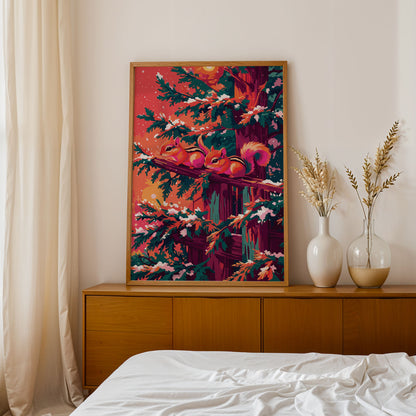 Bold illustrated winter wall art with two chipmunks perched nose-to-nose on a snow-dusted wooden railing, surrounded by teal pine branches heavy with snow against a warm coral and orange winter sky