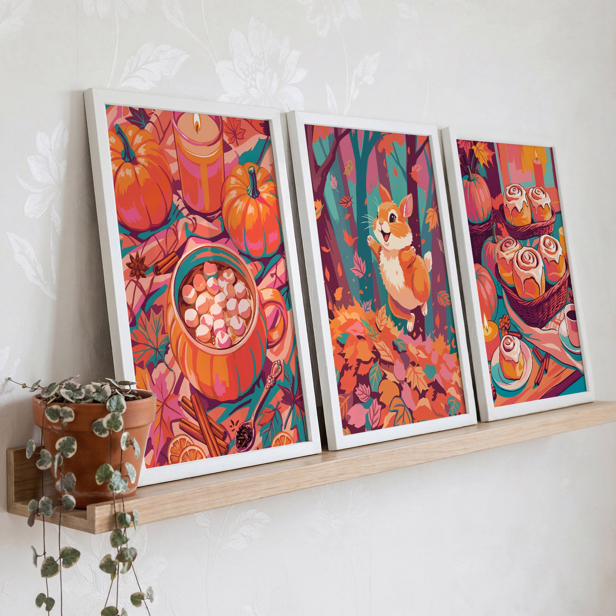 Styled shelf display of three maximalist autumn prints in white frames - a pumpkin marshmallow mug overhead view, a whimsical woodland rabbit, and a tiered cinnamon roll basket, all in saturated orange, pink, and teal