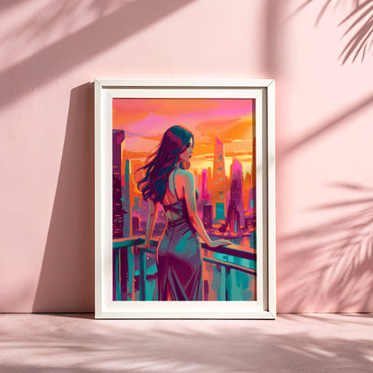 City Sunset - Woman in Blue Dress Print