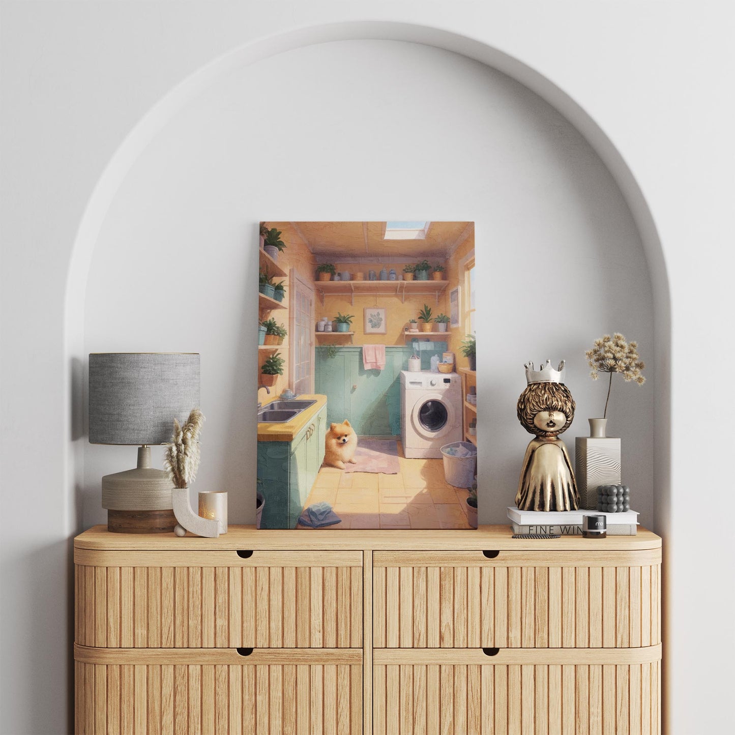 Cozy laundry room scene bathed in warm sunlight, featuring a fluffy Pomeranian sitting on a pink rug near a washing machine. The room has mint-green cabinets, yellow walls, potted plants on shelves, and a skylight that fills the space with a soft, inviting glow.