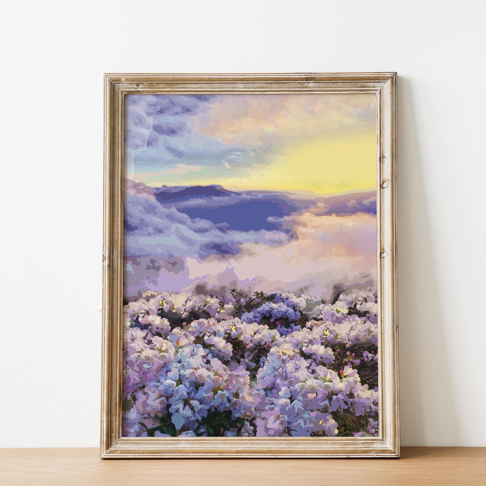 Dreamy floral landscape printable wall art featuring a field of pastel blossoms beneath a radiant sky at sunset, perfect for romantic, tranquil, or nature-inspired interior decor.