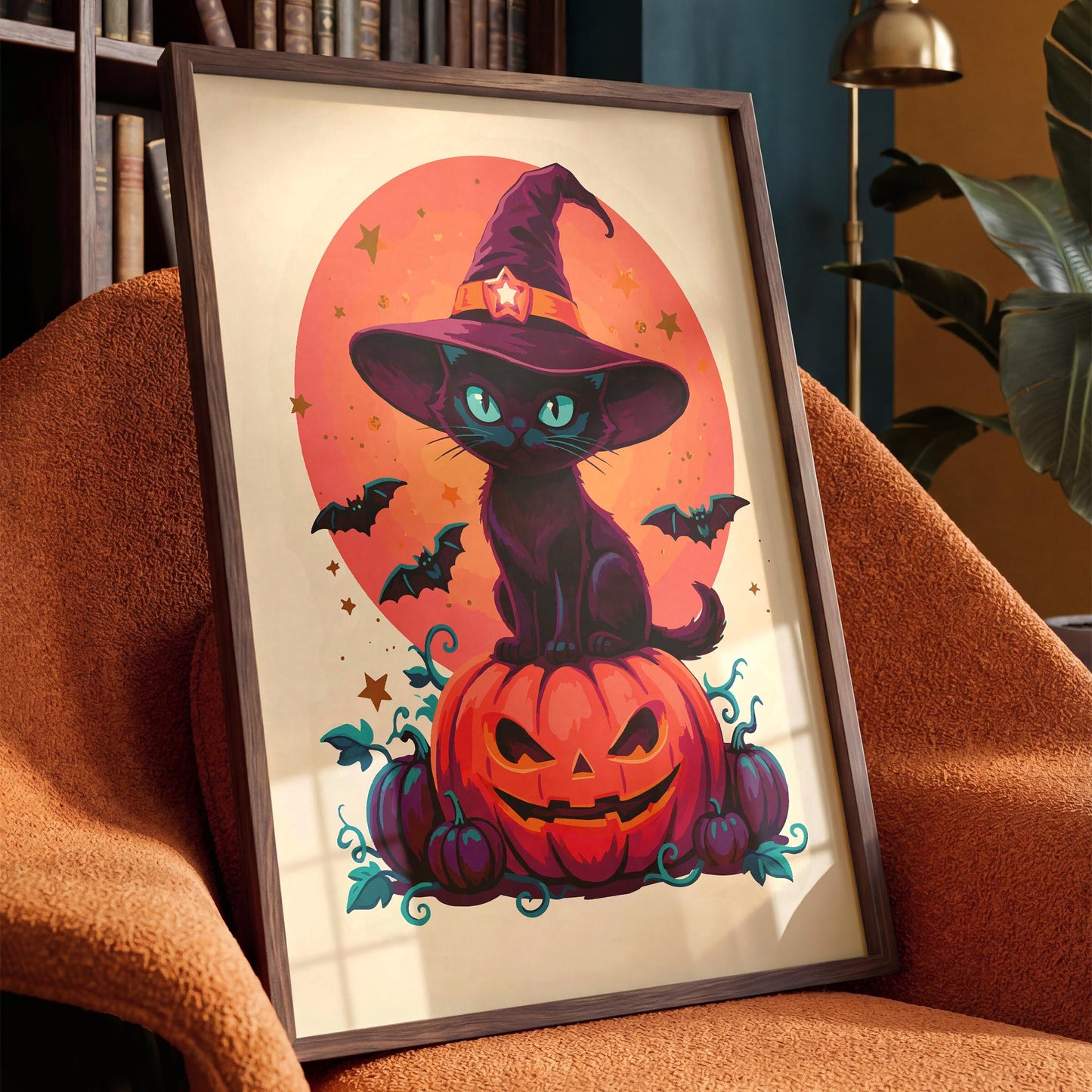 Dopamine-style witch cat poster - a painterly black cat in an oversized purple pointed hat with an orange star buckle, sitting atop a carved jack-o-lantern surrounded by purple mini pumpkins, teal botanical curls, and flying bats on a cream background