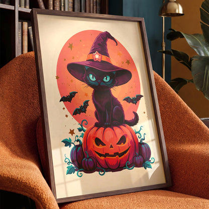 Dopamine-style witch cat poster - a painterly black cat in an oversized purple pointed hat with an orange star buckle, sitting atop a carved jack-o-lantern surrounded by purple mini pumpkins, teal botanical curls, and flying bats on a cream background