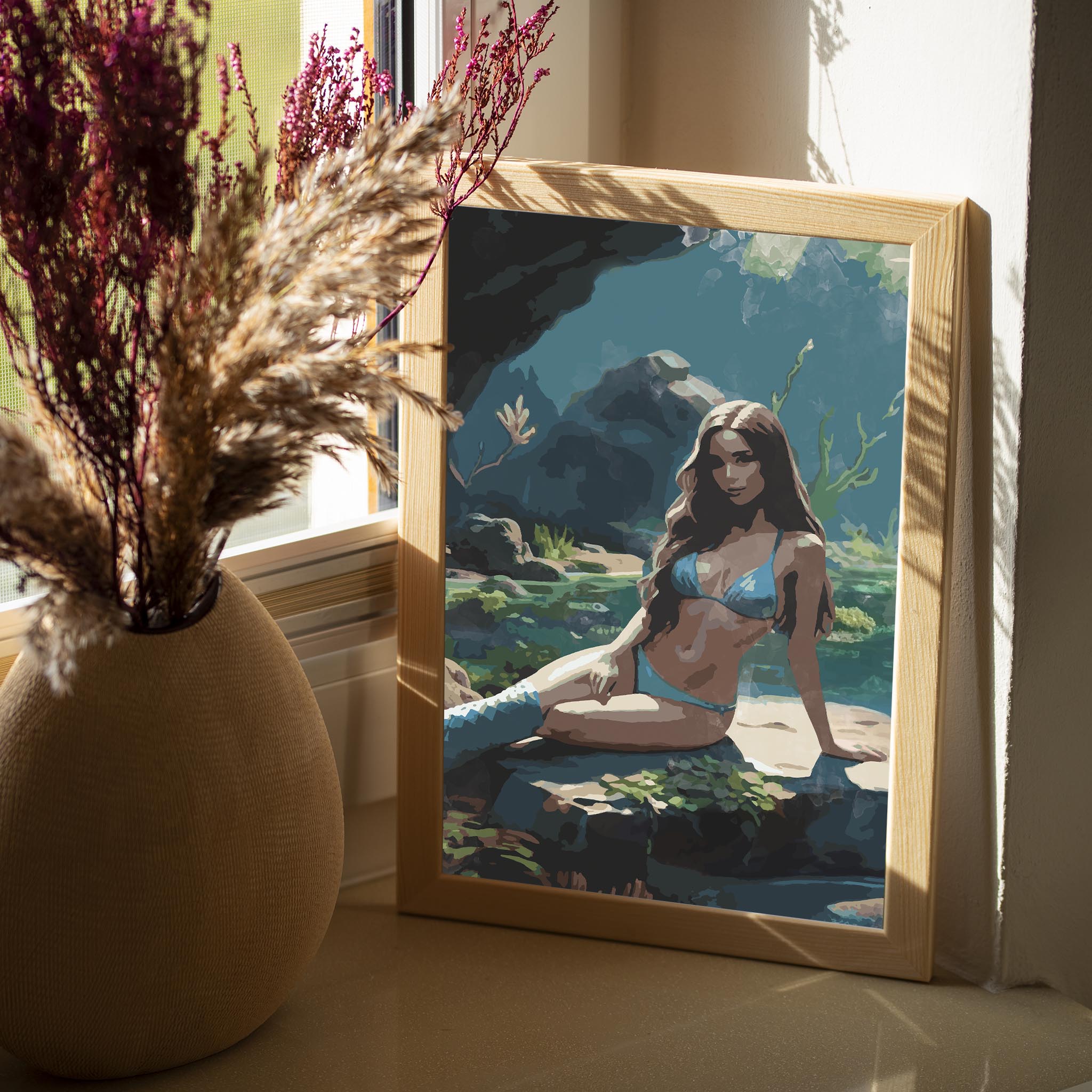 Stylish printable wall art featuring a woman in a blue bikini relaxing by a serene, sunlit forest pool, a blend of natural beauty and elegance, perfect for beach-themed or tropical decor