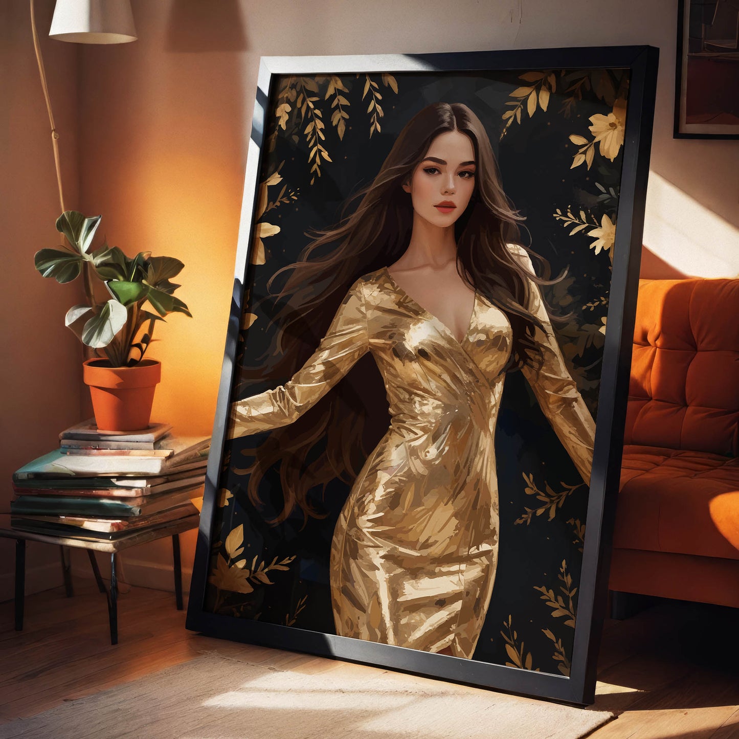 Elegant digital wall art of a woman in a shimmering gold dress surrounded by golden flowers and leaves on a dark background