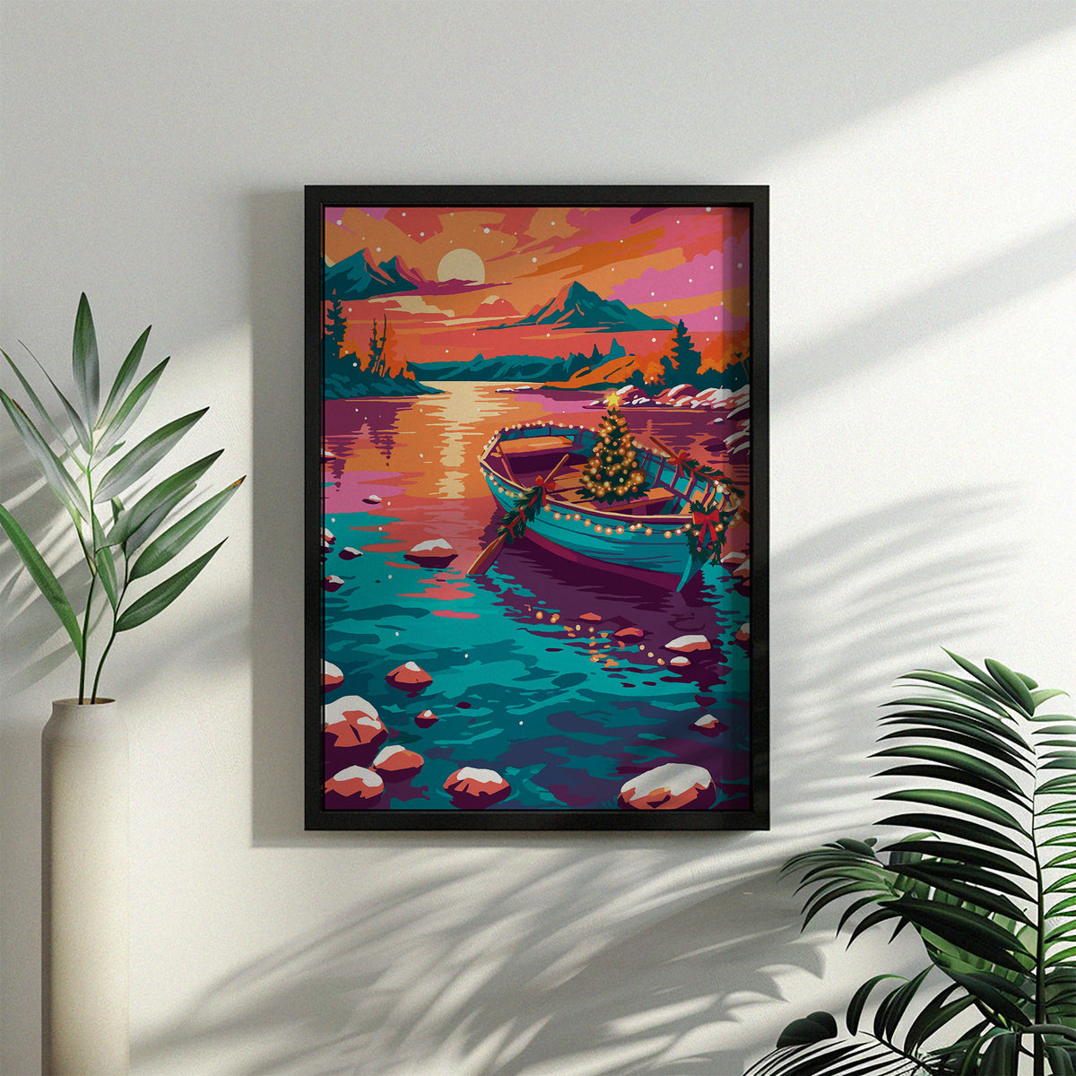 Illustrated print of a wooden rowboat decorated with string lights and a small lit Christmas tree, resting on a still mountain lake at sunset.