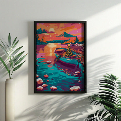 Illustrated print of a wooden rowboat decorated with string lights and a small lit Christmas tree, resting on a still mountain lake at sunset.
