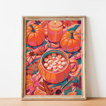 Maximalist cozy season wall art featuring an oversized illustrated pumpkin cocoa mug, lit glass candle, harvest pumpkins with teal stem accents, cinnamon sticks, and scattered autumn leaves in orange and pink