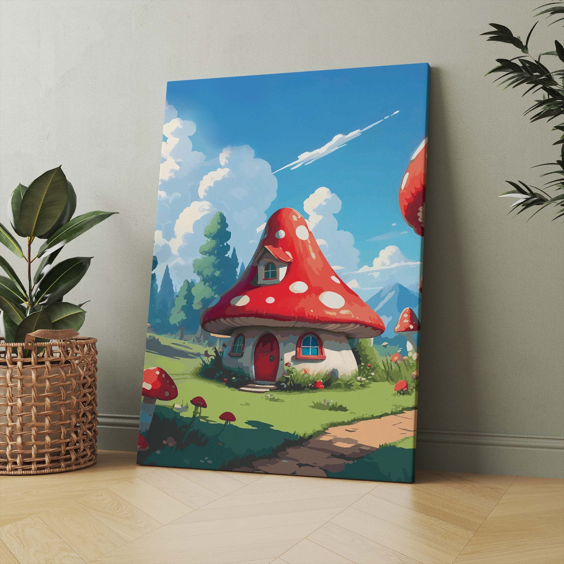 Whimsical fantasy scene featuring a cozy mushroom-shaped house with a red and white spotted roof, round windows, and a red door. Set in a sunny meadow with green grass, flowers, and tall trees under a bright blue sky with fluffy clouds and distant mountains