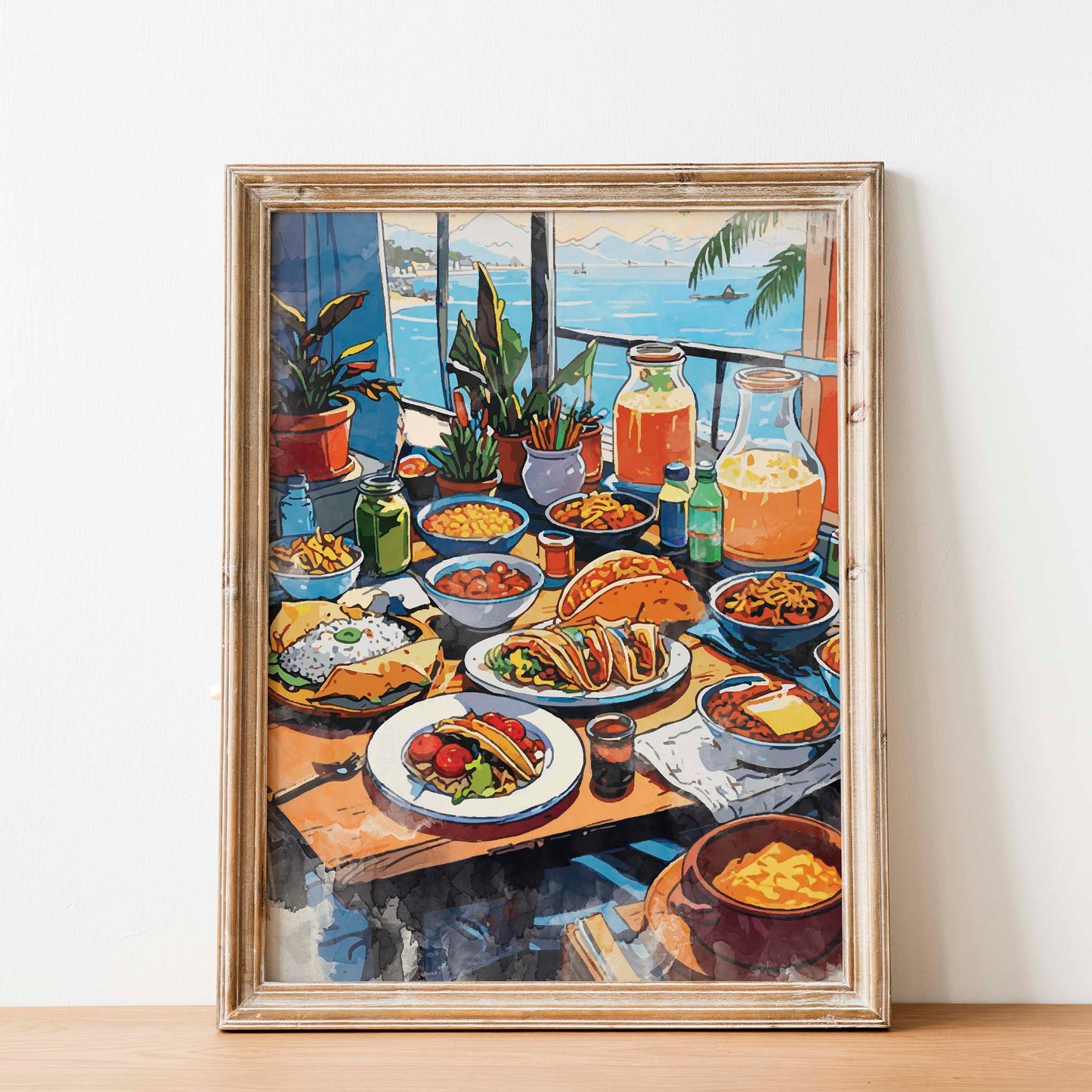Colorful printable wall art of a festive Mexican dining table filled with tacos, rice, pasta, fresh vegetables, drinks, and juices, set against a scenic seaside view with potted plants and sailboats in the distance.