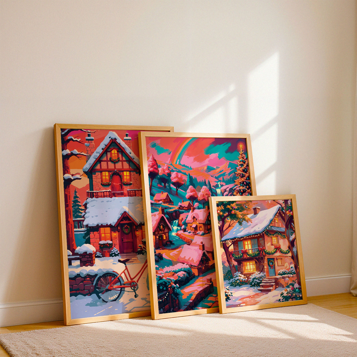 Three SweetPixelCreations Christmas cottage prints propped on a wood ledge against sage wainscoting — three distinct winter house compositions united by a bold warm palette of orange, coral, teal, and magenta with glowing amber window light
